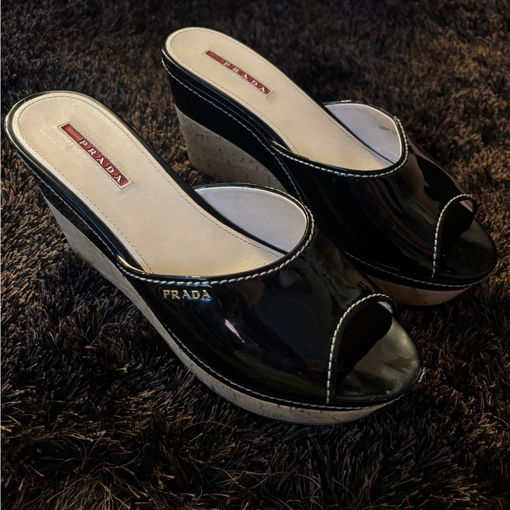 Prada Black Patent Leather Wedges
